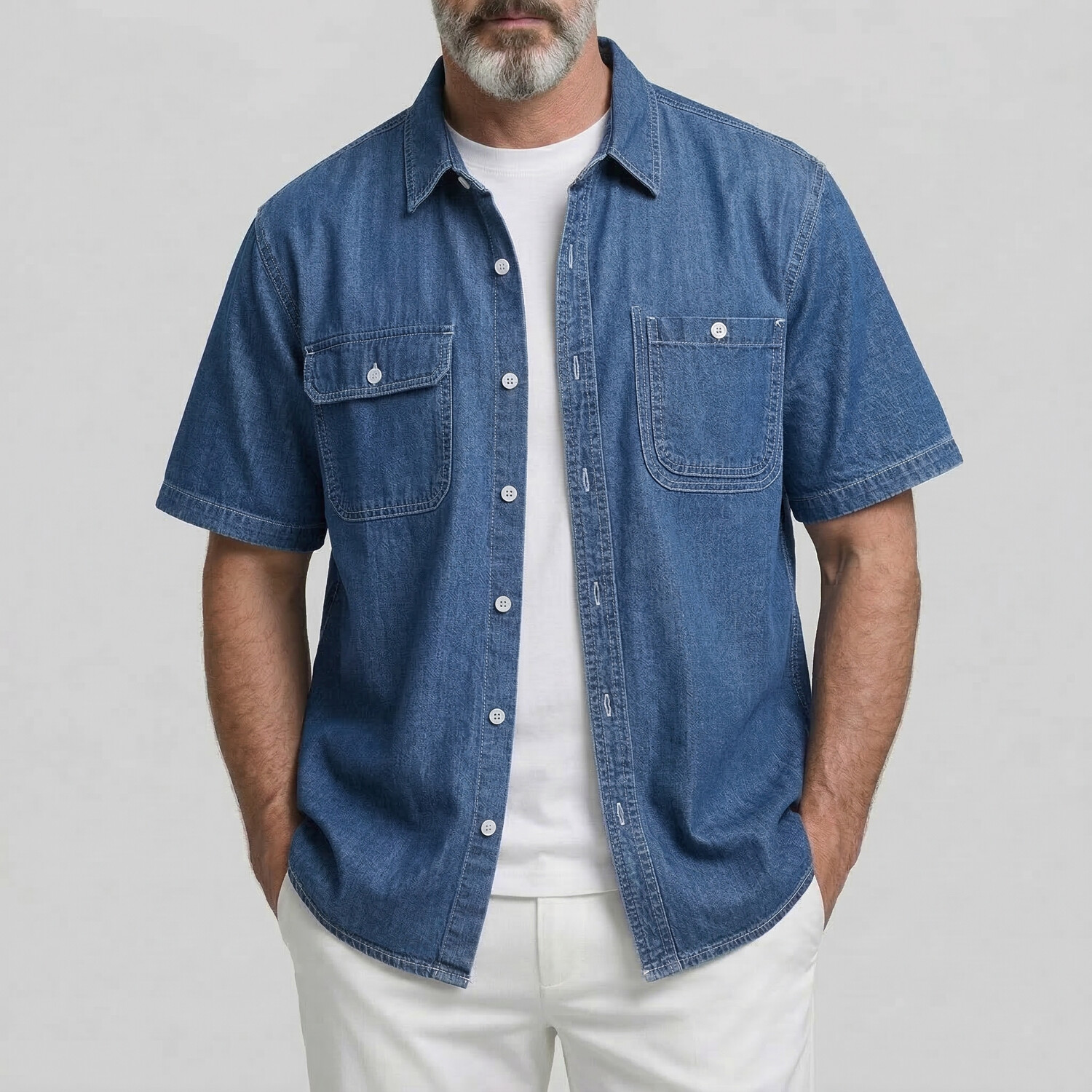 Men's Solid Flap Pocket Button Up Short Sleeve Denim Shirt