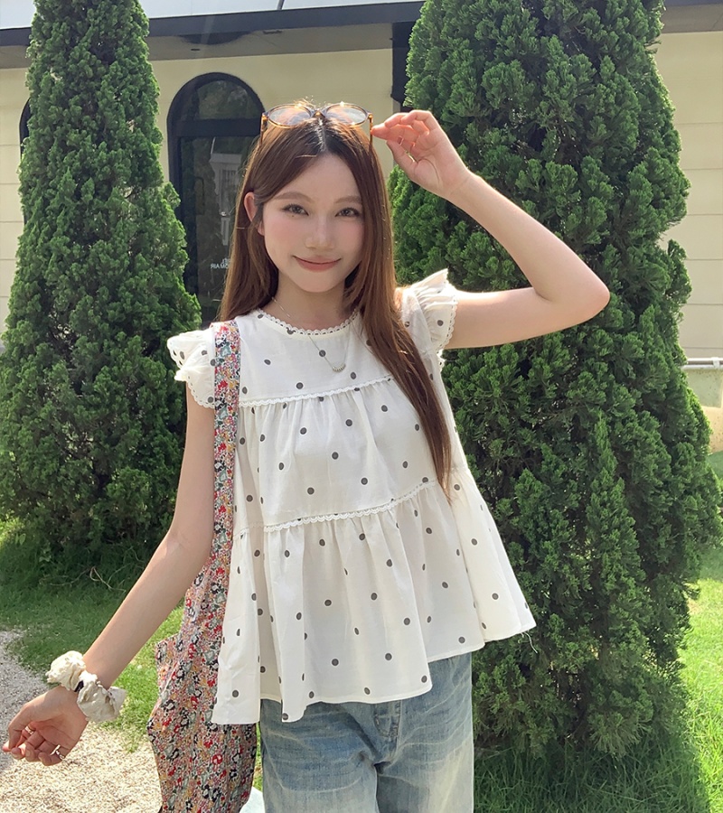 Polka dot round neck doll shirt Korean style slim tops