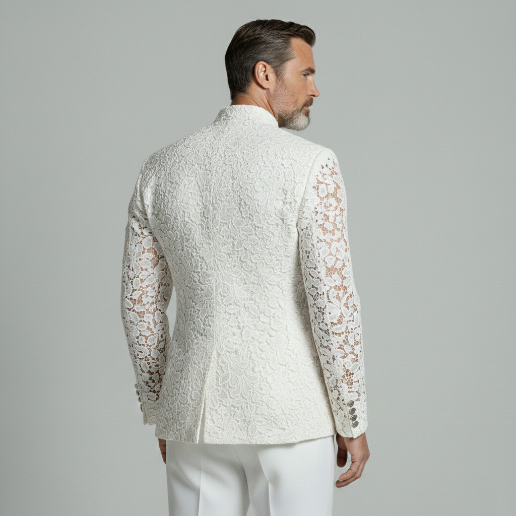 Men's White Stand Collar Asymmetrical Single Breasted Long Sleeve Lace Jacket
