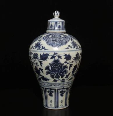 39CM Old Signed Antique Chinese Blue & White Porcelain Lid Pot Vase w/ flower
