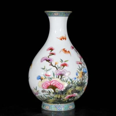 Yongzheng Signed Pair Old Chinese Colour Enamel Vase W/bat N3620