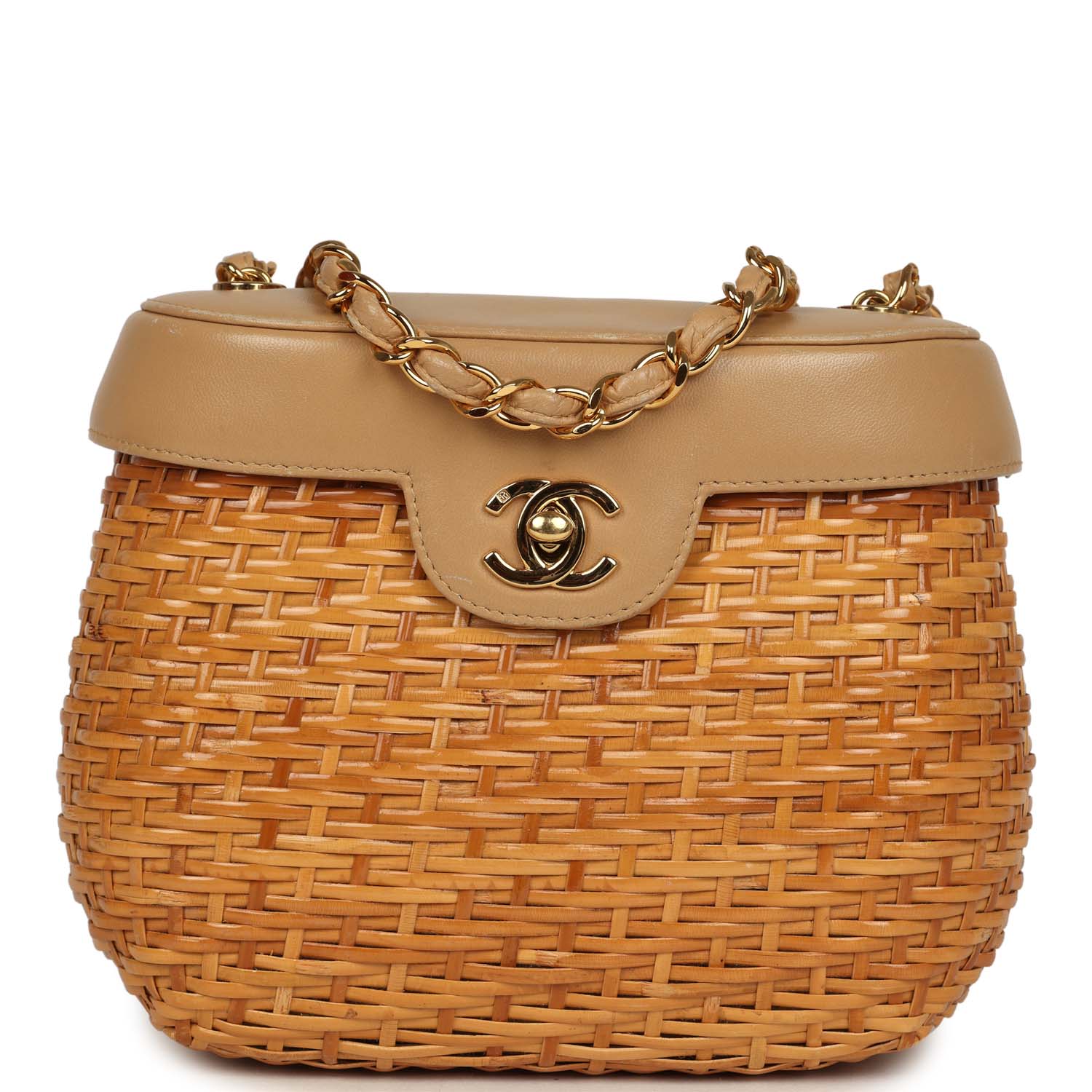 Vintage Chanel Basket Bag Beige Lambskin and Rattan Wicker Gold Hardware