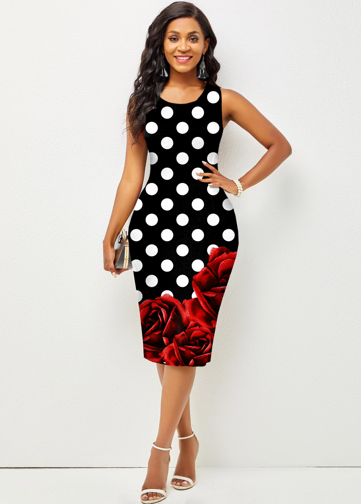 Polka Dot Sleeveless Round Neck Bodycon Dress