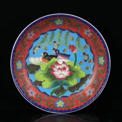 Chenghua Signed Old Chinese Cloisonné Porcelain Plate Dish w/louts flower Q312