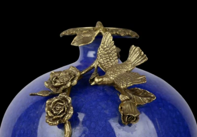 36CM Guan Signed Old Chinese Blue Glaze Guan kiln Zun Vase w/bird N4004