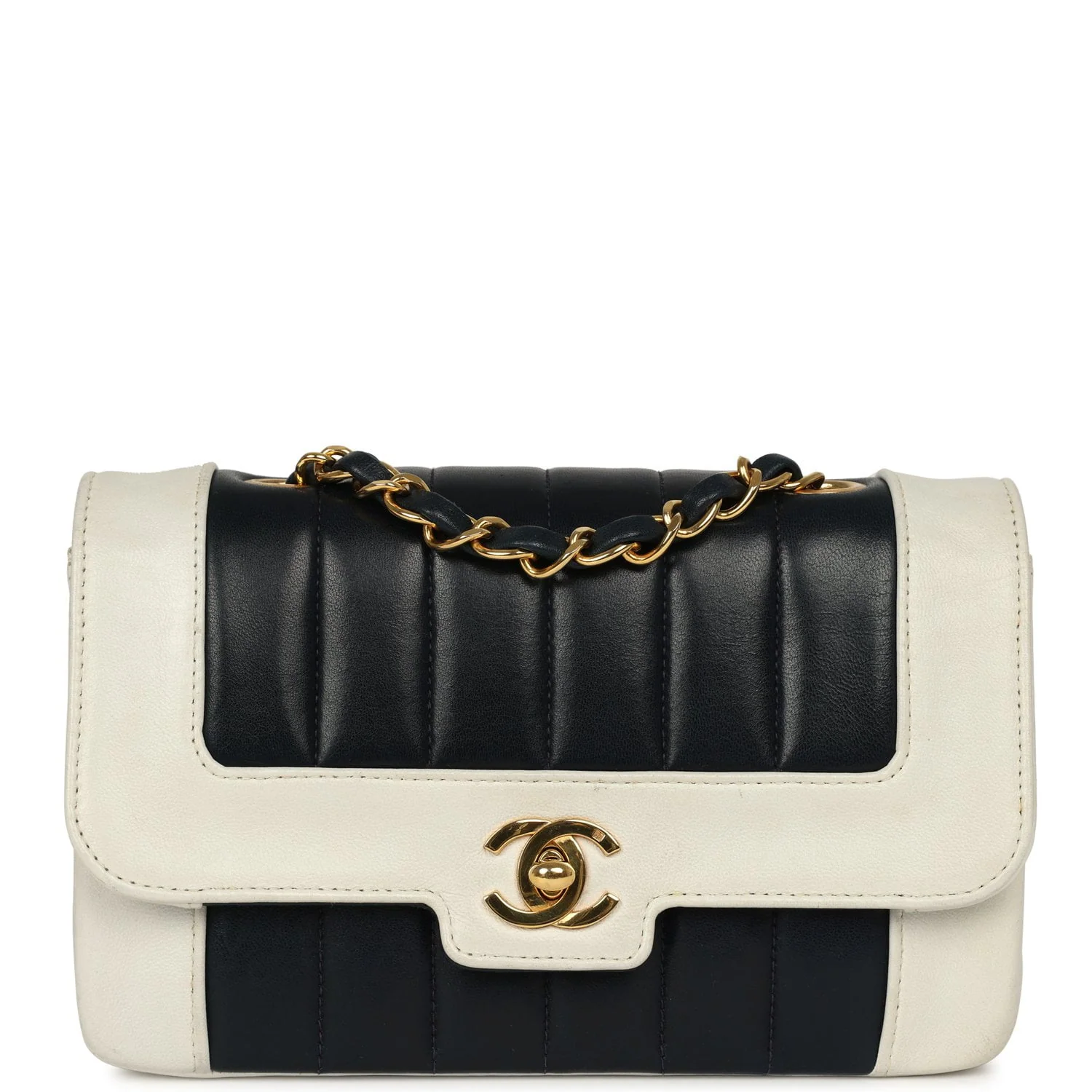 CHANEL Mini Mademoiselle Flap White, Navy Lambskin Gold Hardware