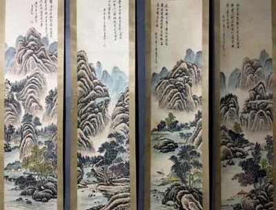 Four Wang Yuanqi Chinese Hand Painted Calligraphy Scroll w/landscape N2133