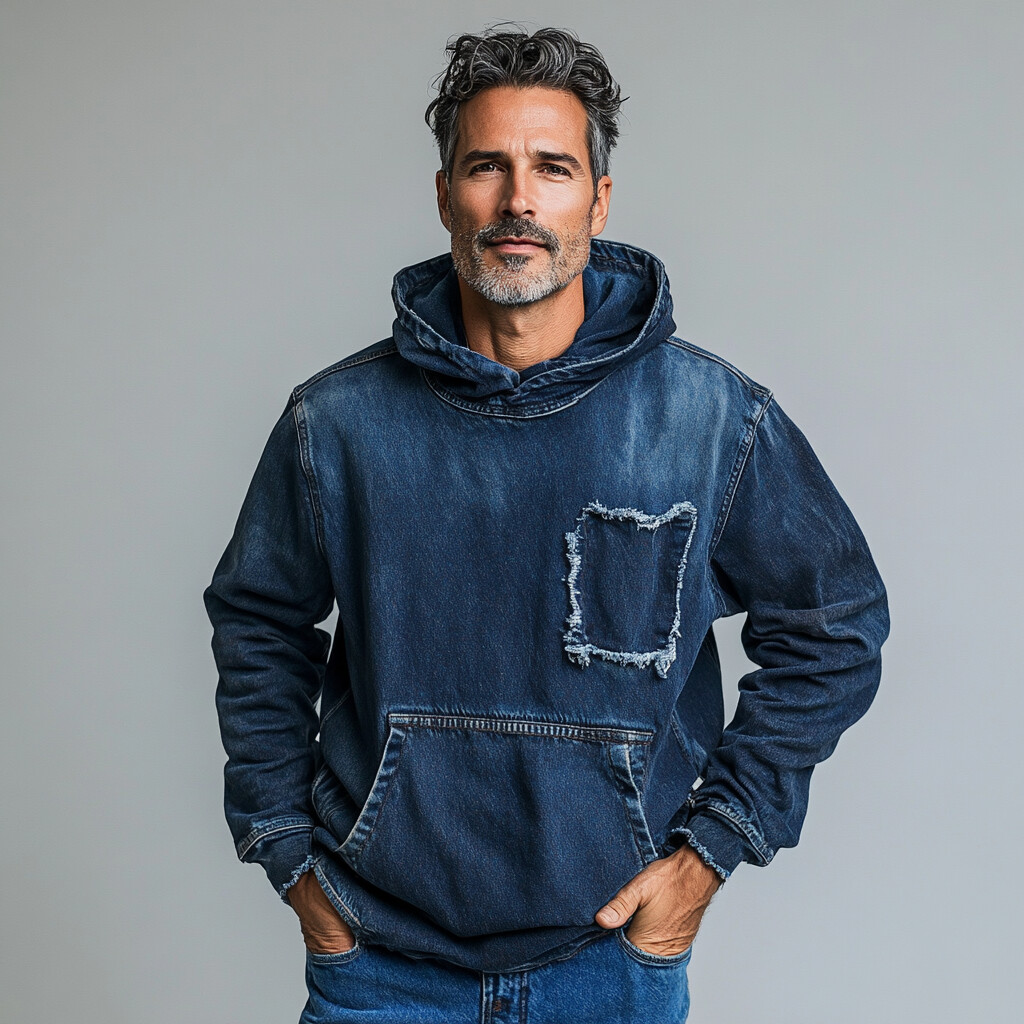 Men's Washed Denim Raw Edge Pocket Long Sleeve Casual Hoodie