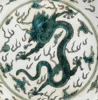 Kangxi Signed Old Chinese Green Glaze Porcelain Plate Dish w/dragon Q146