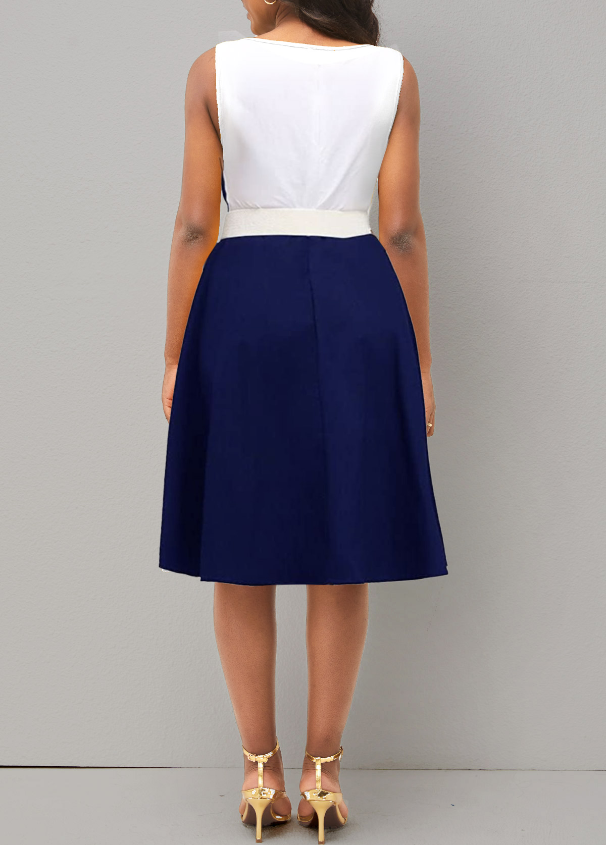 Color Block Bowknot Faux Two Piece High Waist Dress