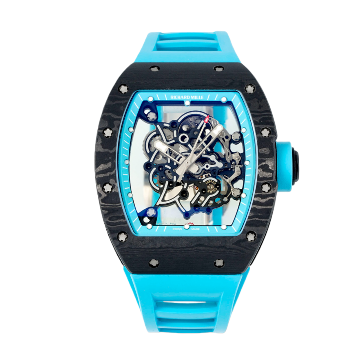 【7A Quality】Best Replica RICHARD MILLE RM 55 – Swiss Movement Super Clone with Carbon Case & Blue Rubber Strap
