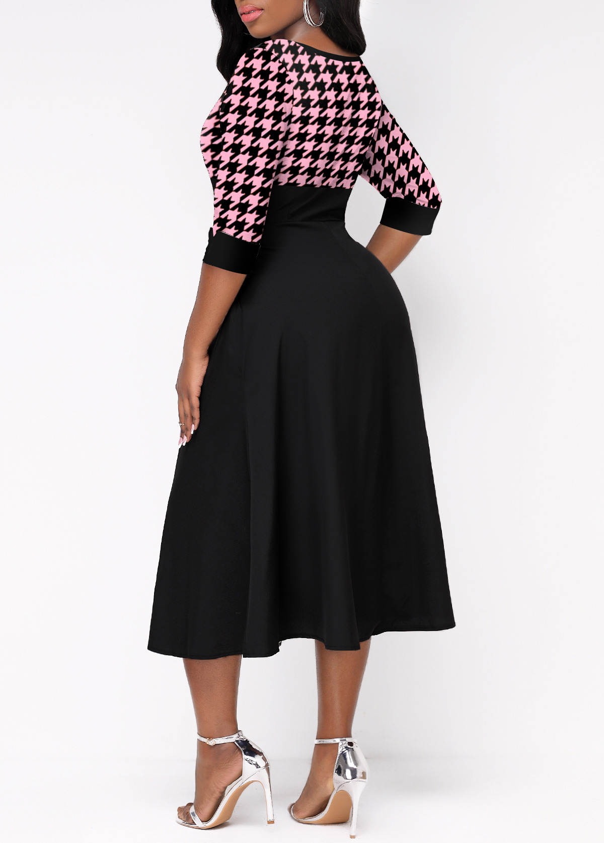 Faux Two Piece Houndstooth Print Pink Dress