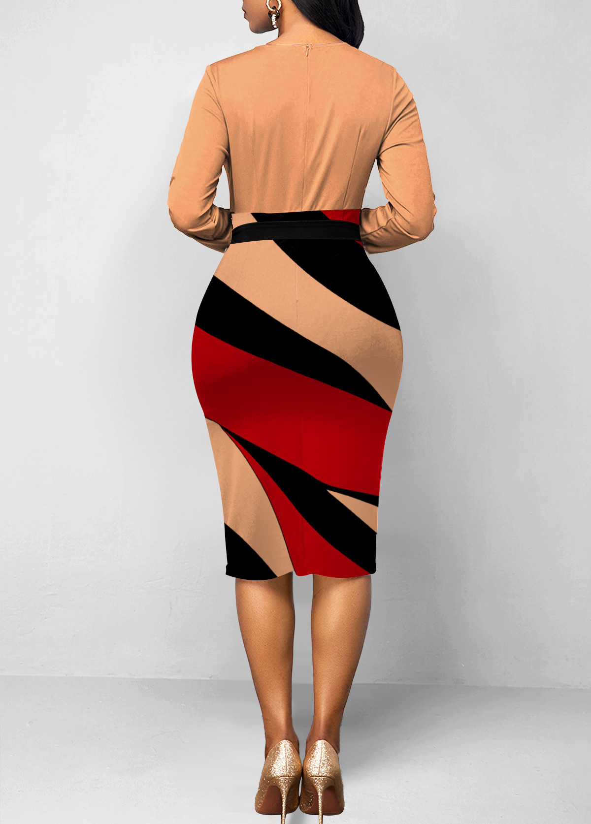 Light Coffee Belted Geometric Print Dress