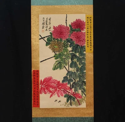 Qi Baishi Signed Chinese Hand Painted Calligraphy Scroll w/flower
