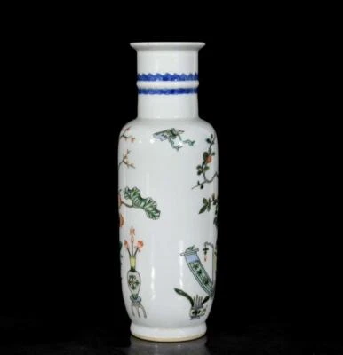 29CM Kangxi Singed Old Chinese Wucai Vase W/flower N3613