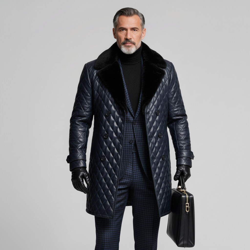 Men's Navy Blue Quilted PU Leather Fur Collar Double Breasted Long Sleeve Trench Coats