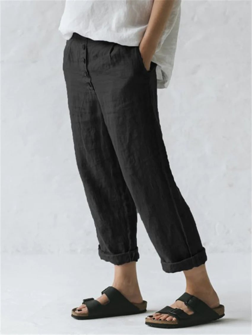 Womens Cotton Linen Pocket Button Casual Plus Size Pants