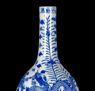 37.5CM Kangxi Signed Old Chinese Blue & White Porcelain Vase w/dragon CK502