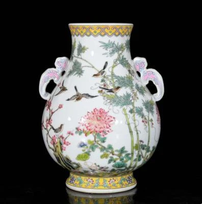 Yongzheng Signed Pair Old Chinese Colour Enamel Vase W/bamboo N3615