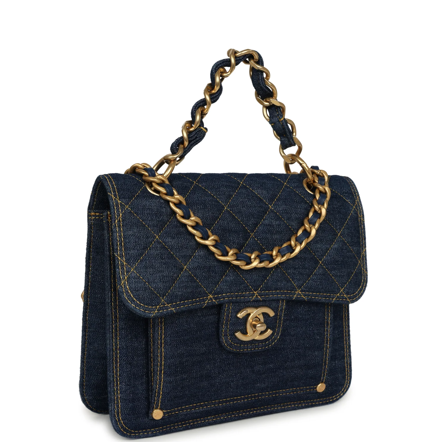 CHANEL Double You Flap Bag Blue Denim Antique Gold Hardware