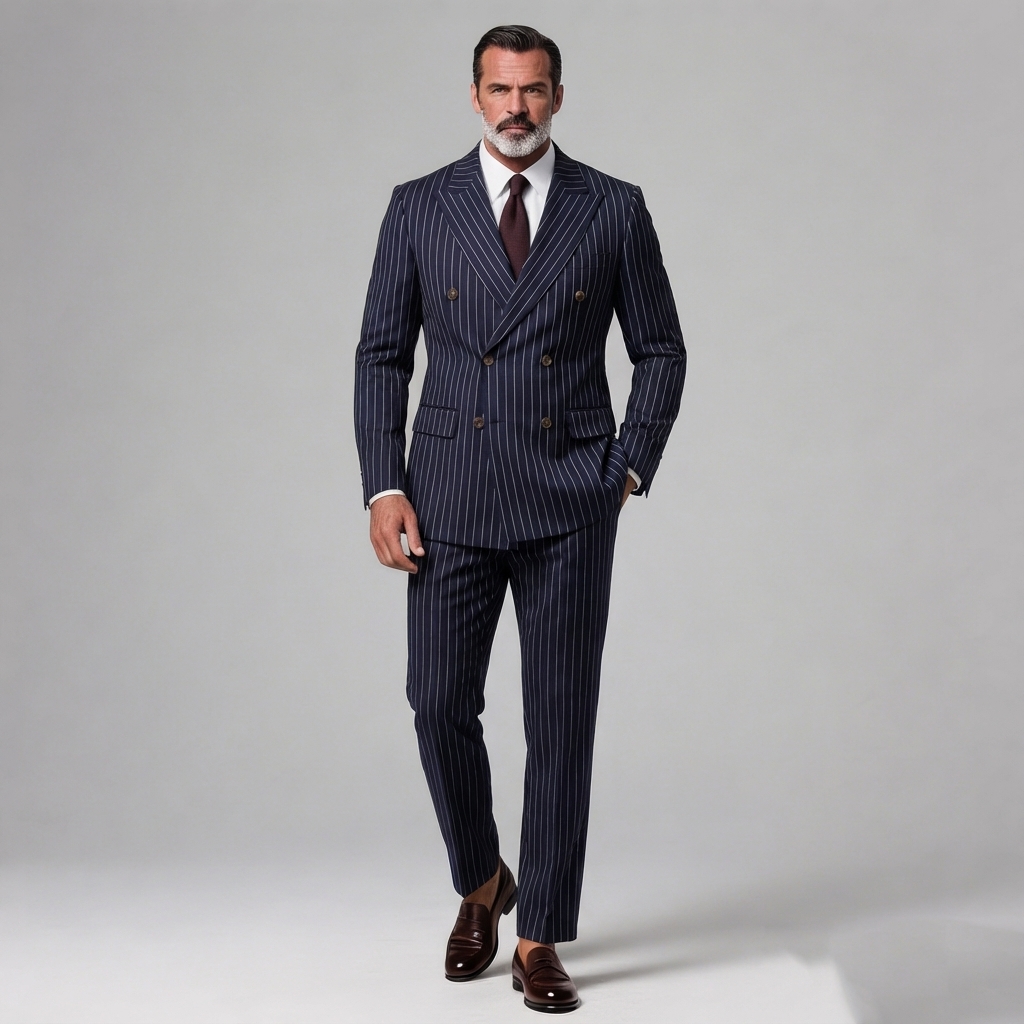 Men's Business Striped Peak Lapel Double Breasted Long Sleeve Blazer & Pants 2Pcs Set