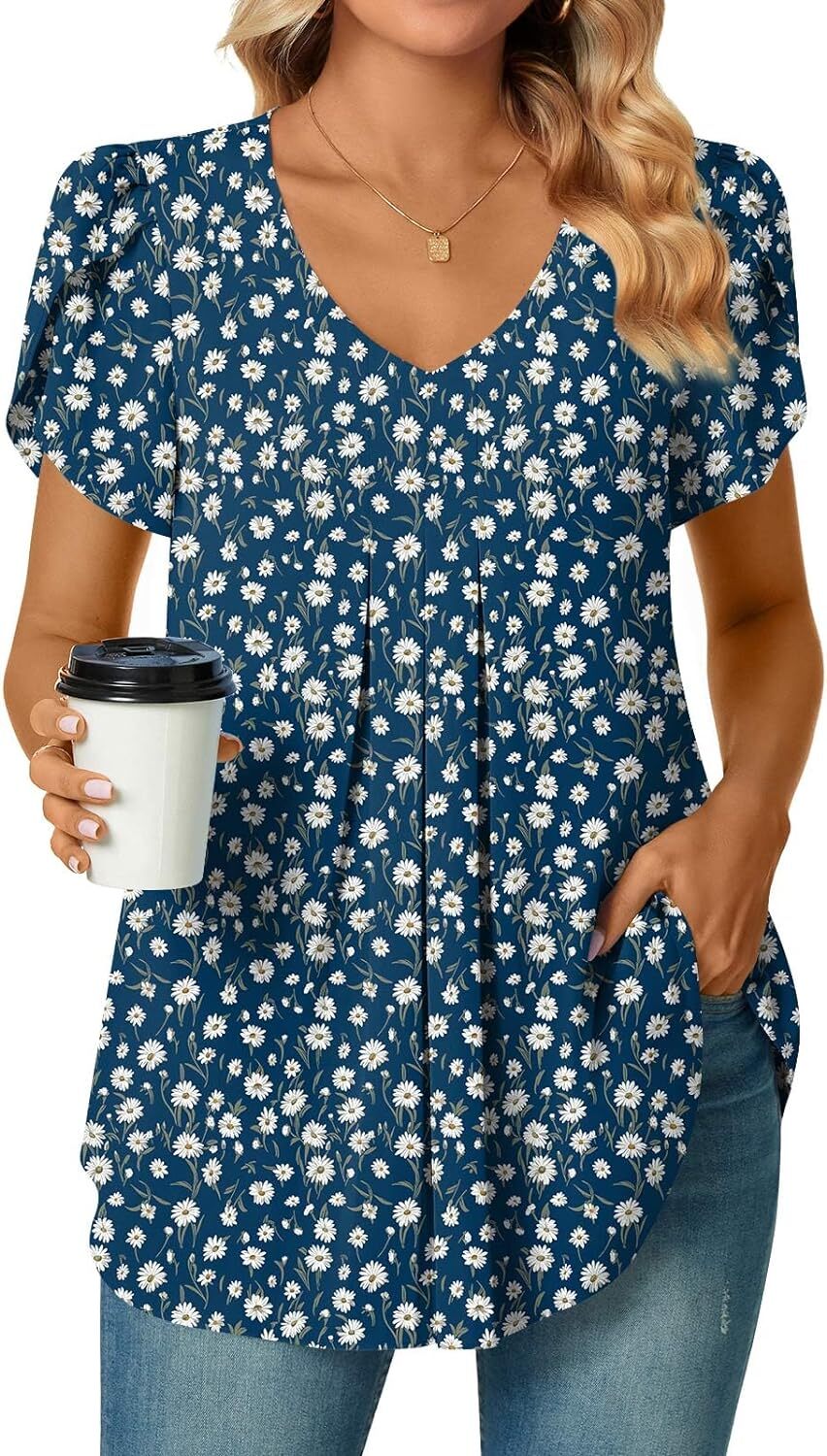 Bestbee Women's Dressy Chiffon Blouse Shirts Pleated Tunic Tops V Neck Petal Short Sleeve Casual T-Shirts 2024 Summer Tops