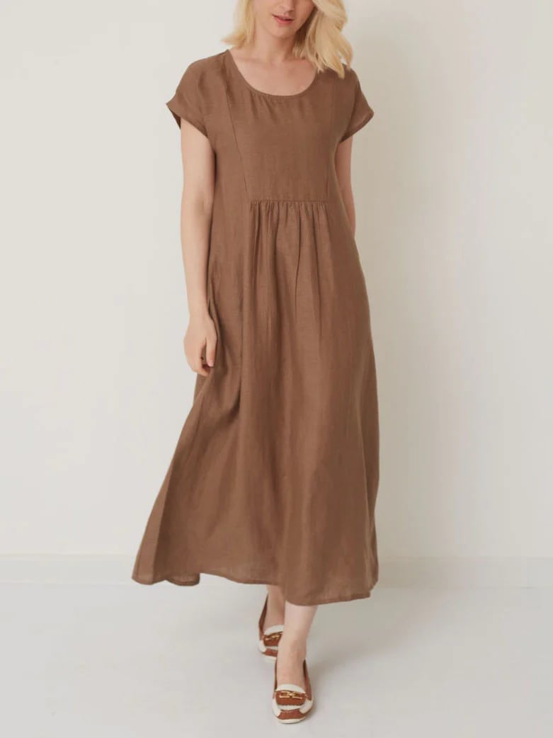 Short Sleeve Mid Length Cotton Linen Dress