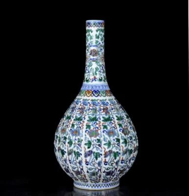 38CM Qianlong Signed Old Chinese Doucai Vase W/flower N3286