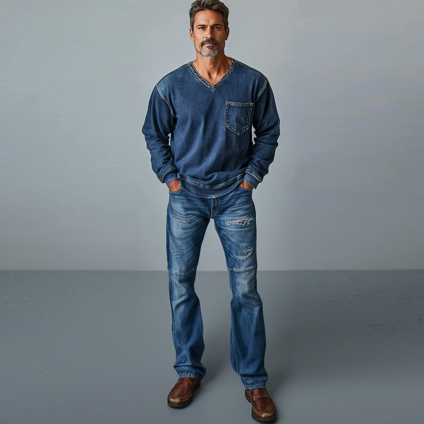 Men's Denim V Neck Chest Pocket Long Sleeve Sweatshirt