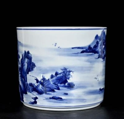 Kangxi Signed Old Chinese Blue and White Lid Pot W/landscape N3238