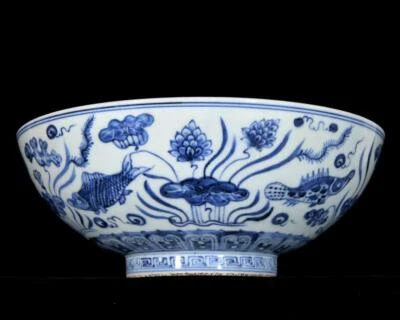 28CM Xuande Signed Old Chinese Blue and White Bowl W/fish N3484