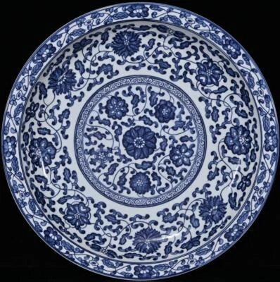 42CM Qianlong Signed Old Chinese Blue and White Dish Plate W/flower N417