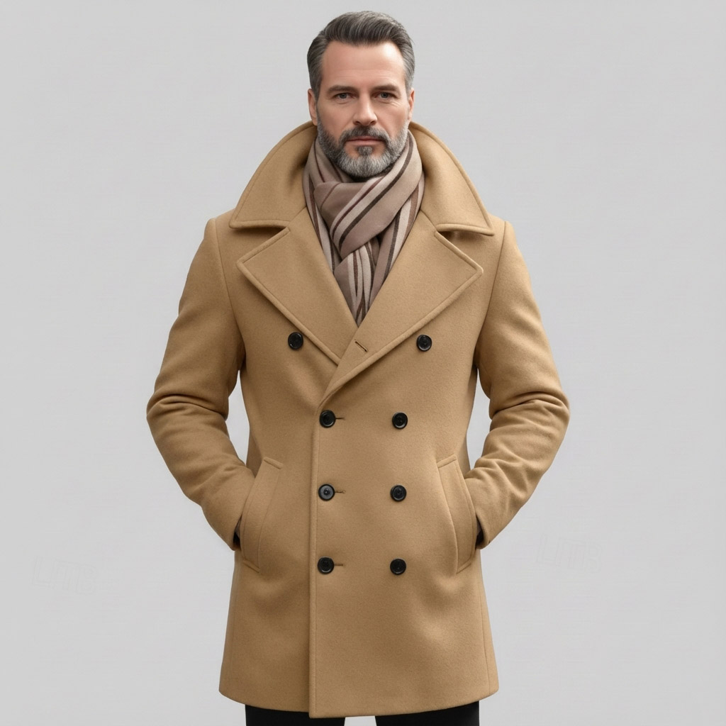 Men's Business Casual Lapel Collar Double Breasted Long Sleeve Pocket Trench Coats