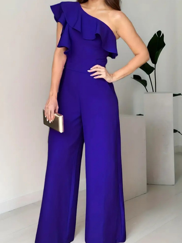 2025 Cross-Border European and American Amazon Ear-Hemmed Slanted Shoulder High-Waisted Loose Straight-Leg Elegant Women's Jumpsuit