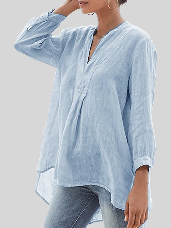 Solid Color V-Neck Front Short Back Long Bracelet Sleeve Fashion Shirt