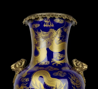 47CM Kangxi Signed Old Chinese Blue Glaze Vase w/dragon N4043