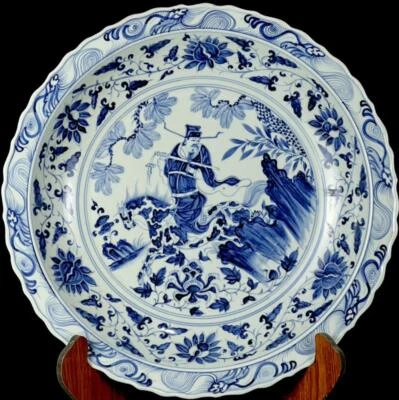 45CM Old Chinese Blue & White Porcelain Plate Dish w/figure CK449