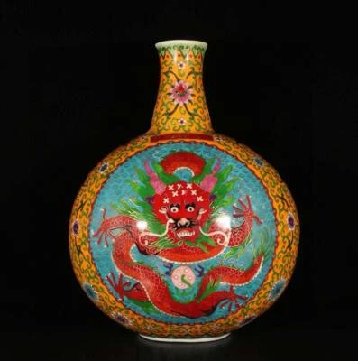 46CM Xuande Signed Old Chinese Colour Enamel Vase W/dragon N1566