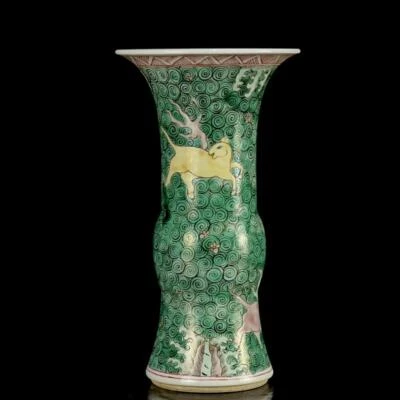 Pair Kangxi Signed Old Chinese Three Color Vase W/kylin N1201