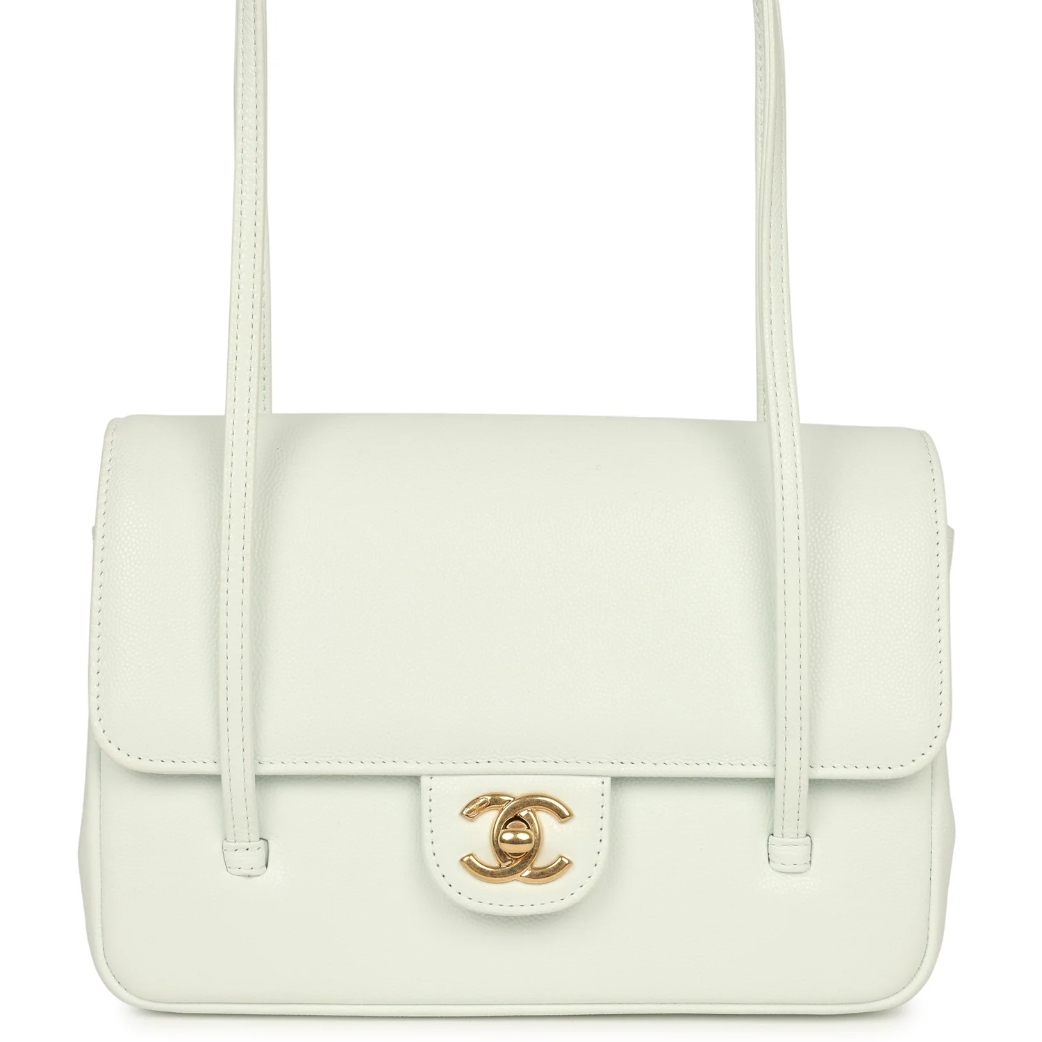 CHANEL Small Preppy Coco Flap Bag Light Blue Shiny Caviar Brushed Gold Hardware