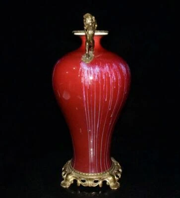 49CM Old Chinese Jun Kiln Yaobian Glaze Vase w/lion N3050