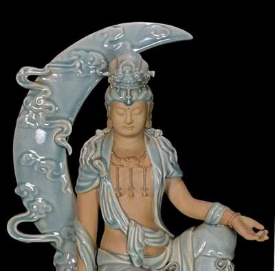 48CM Old Chinese Song Ru Yao Ru Kiln Statue w/Guanyin Buddha N908