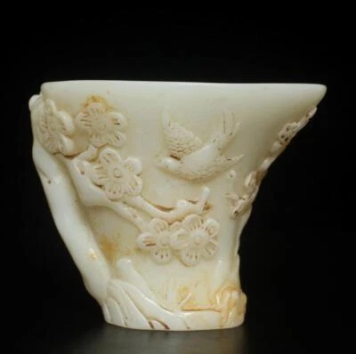 Old Chinese White Jade Statue Cup w/ plum blossom