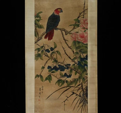Luo Pin Signed Chinese Hand Painted Calligraphy Scroll w/parrot