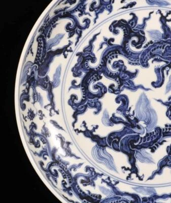 34CM Xuande Signed Old Chinese Blue and White Dish W/dragon N1581