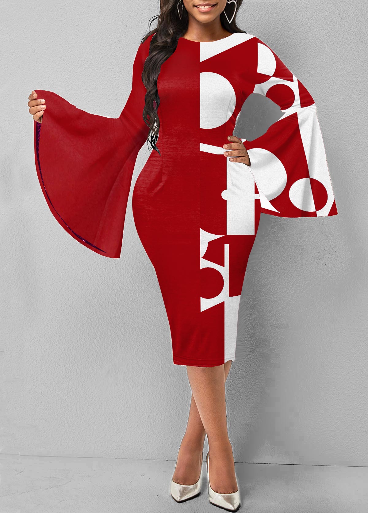 Geometric Print Flare Sleeve Dress