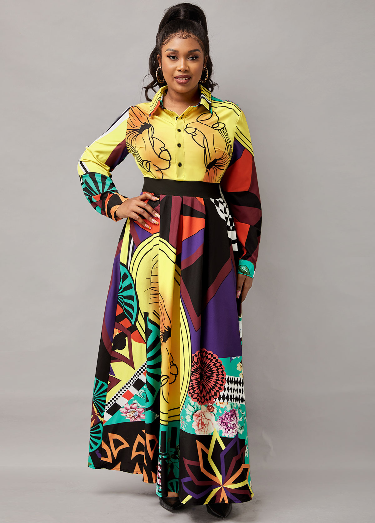 Printed Button Up Long Sleeve Turndown Collar Dress