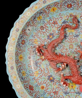 45CM Qianlong Signed Old Chinese Colour Enamel Dish W/dragon N1474