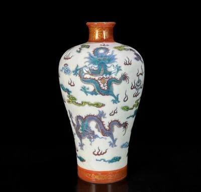 Pair Yongzheng Signed Old Chinese Doucai Vase W/ dragon N484