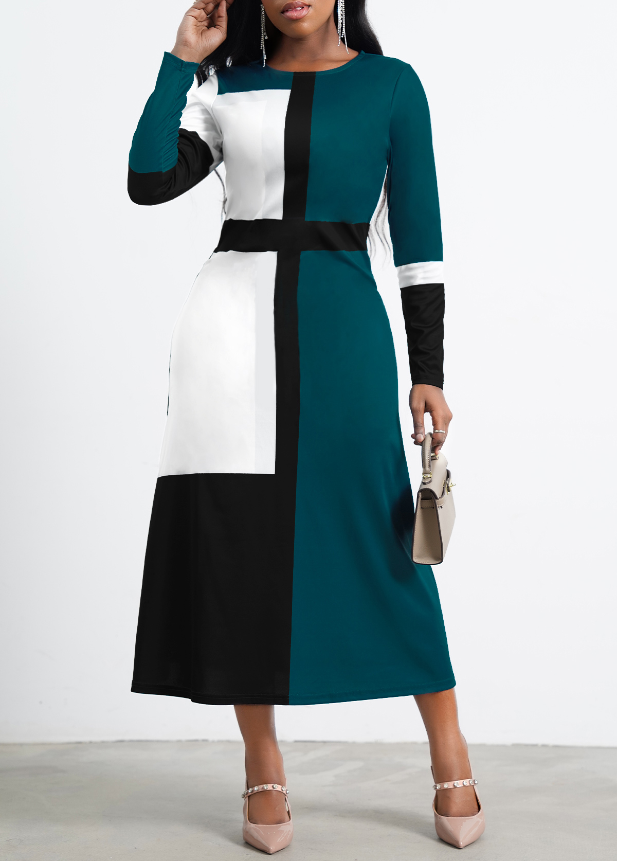 Green Contrast Long Sleeve Round Neck Dress